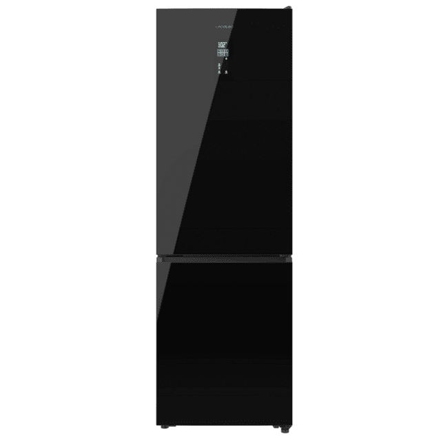 Bolero CoolMarket Combi 456 Black Glass C Kombikühlschrank aus schwarzem Glas, Klasse C, MAX INSIDE mit VIP-Technologie, Cool Matrix, Schublade mit variabler 6-Temperaturen-Einstellung und Feuchtigkeitskontrolle, Total No Frost, Inverter Plus-Kompressor, Multi AirFlow, 456 l, 201 x 59,5 cm, Schnellkühl- und Schnellgefrierfunktionen, Smart-Modus, Green HUB XL, Außendisplay, Türen umkehrbar, Flaschenregal und Glastabletts.