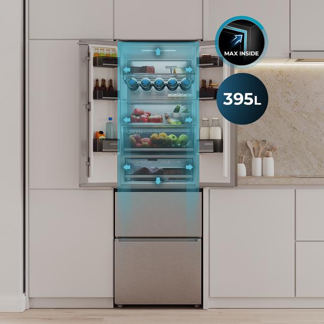 Bolero CoolMarket Combi F2D 395 Inox E Kombikühlschrank Inox French Door, MAX INSIDE mit VIP-Technologie, Cool Matrix, Schublade mit 6 variablen Temperaturen und Feuchtigkeitskontrolle, Total No Frost, Inverter Plus-Kompressor, Multi AirFlow, 395 l, 185 x 59,5 cm, Schnellkühl- und Schnellgefrierfunktionen, Smart-Modus, Green HUB XL, Außendisplay, Flaschenregal, Glasschalen und Klasse E.