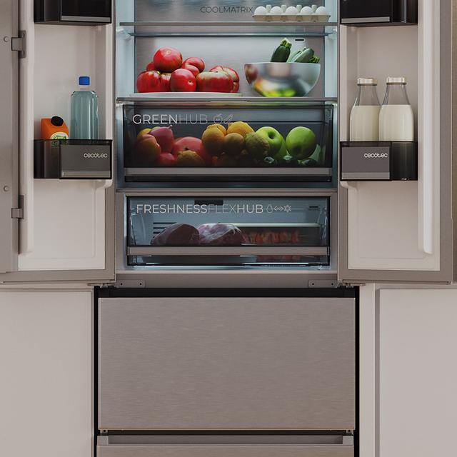 Bolero CoolMarket Combi F2D 395 Inox E Kombikühlschrank Inox French Door, MAX INSIDE mit VIP-Technologie, Cool Matrix, Schublade mit 6 variablen Temperaturen und Feuchtigkeitskontrolle, Total No Frost, Inverter Plus-Kompressor, Multi AirFlow, 395 l, 185 x 59,5 cm, Schnellkühl- und Schnellgefrierfunktionen, Smart-Modus, Green HUB XL, Außendisplay, Flaschenregal, Glasschalen und Klasse E.