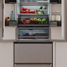 Bolero CoolMarket Combi F2D 395 Inox E Kombikühlschrank Inox French Door, MAX INSIDE mit VIP-Technologie, Cool Matrix, Schublade mit 6 variablen Temperaturen und Feuchtigkeitskontrolle, Total No Frost, Inverter Plus-Kompressor, Multi AirFlow, 395 l, 185 x 59,5 cm, Schnellkühl- und Schnellgefrierfunktionen, Smart-Modus, Green HUB XL, Außendisplay, Flaschenregal, Glasschalen und Klasse E.