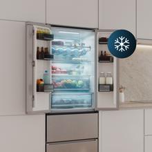 Bolero CoolMarket Combi F2D 395 Inox E Kombikühlschrank Inox French Door, MAX INSIDE mit VIP-Technologie, Cool Matrix, Schublade mit 6 variablen Temperaturen und Feuchtigkeitskontrolle, Total No Frost, Inverter Plus-Kompressor, Multi AirFlow, 395 l, 185 x 59,5 cm, Schnellkühl- und Schnellgefrierfunktionen, Smart-Modus, Green HUB XL, Außendisplay, Flaschenregal, Glasschalen und Klasse E.