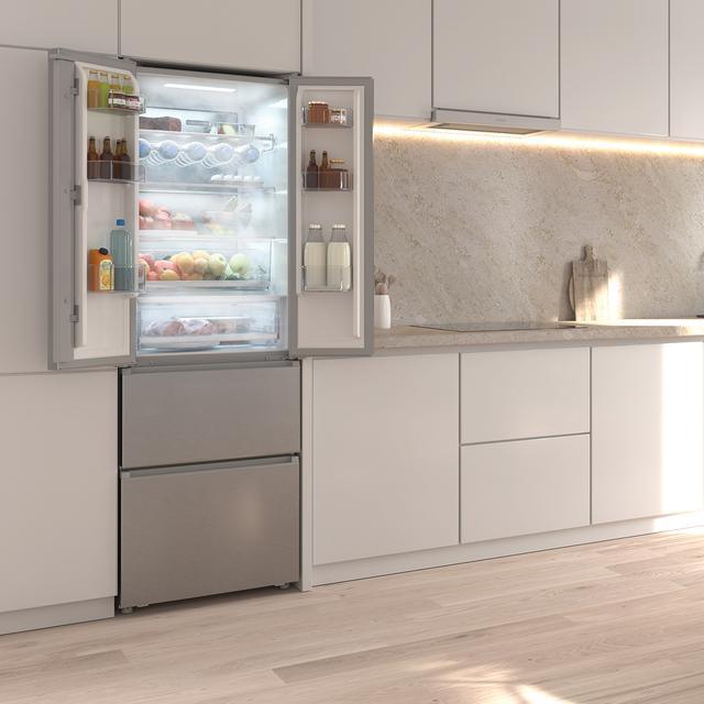 Bolero CoolMarket Combi F2D 395 Inox E Frigorífico Combi Inox Puerta Francesa, MAX INSIDE con VIP tech, Cool Matrix, Cajón Variable 6 temperaturas con control de humedad, Total No Frost, Compresor Inverter Plus, Multi AirFlow, 395L, 185x59,5cm Funciones Fast Cooling y Fast Freezing, Modo Smart, Green HUB XL, Display Exterior, Botellero, Bandejas Cristal y Clase E.