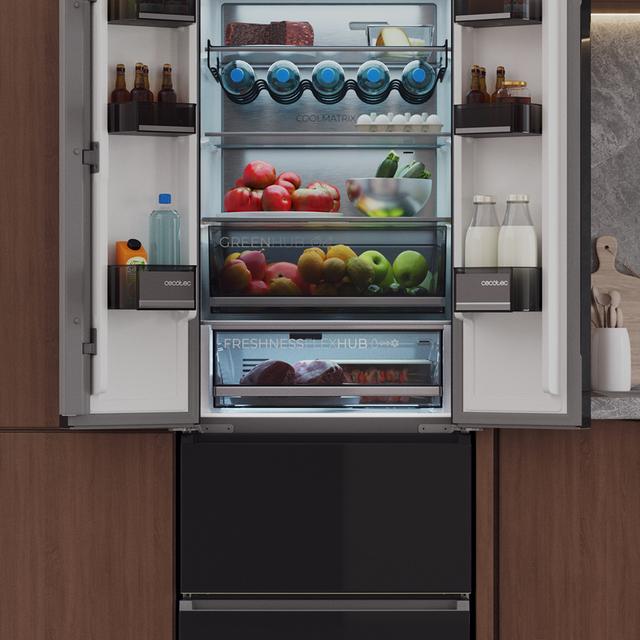 Bolero CoolMarket Combi F2D 395 Black Glass E Frigorífico Combi Cristal Negro Puerta Francesa, MAX INSIDE con VIP tech, Cool Matrix, Cajón Variable 6 temperaturas con control de humedad, Total No Frost, Compresor Inverter Plus, Multi AirFlow, 395 L, 185x59,5cm Funciones Fast Cooling y Fast Freezing, Modo Smart, Green HUB XL, Display Exterior, Botellero, Bandejas Cristal y Clase E.
