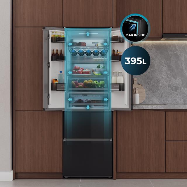 Bolero CoolMarket Combi F2D 395 Black Glass E Frigorífico Combi Cristal Negro Puerta Francesa, MAX INSIDE con VIP tech, Cool Matrix, Cajón Variable 6 temperaturas con control de humedad, Total No Frost, Compresor Inverter Plus, Multi AirFlow, 395 L, 185x59,5cm Funciones Fast Cooling y Fast Freezing, Modo Smart, Green HUB XL, Display Exterior, Botellero, Bandejas Cristal y Clase E.