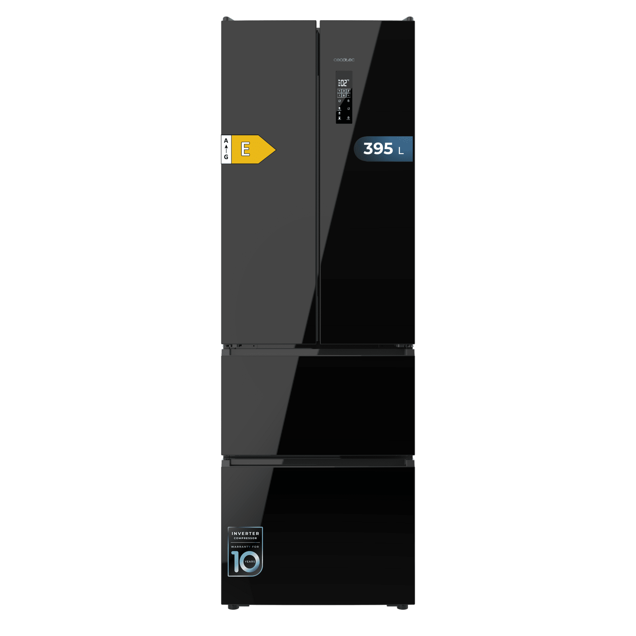 Bolero CoolMarket Combi F2D 395 Black Glass E Frigorífico Combi Cristal Negro Puerta Francesa, MAX INSIDE con VIP tech, Cool Matrix, Cajón Variable 6 temperaturas con control de humedad, Total No Frost, Compresor Inverter Plus, Multi AirFlow, 395 L, 185x59,5cm Funciones Fast Cooling y Fast Freezing, Modo Smart, Green HUB XL, Display Exterior, Botellero, Bandejas Cristal y Clase E.