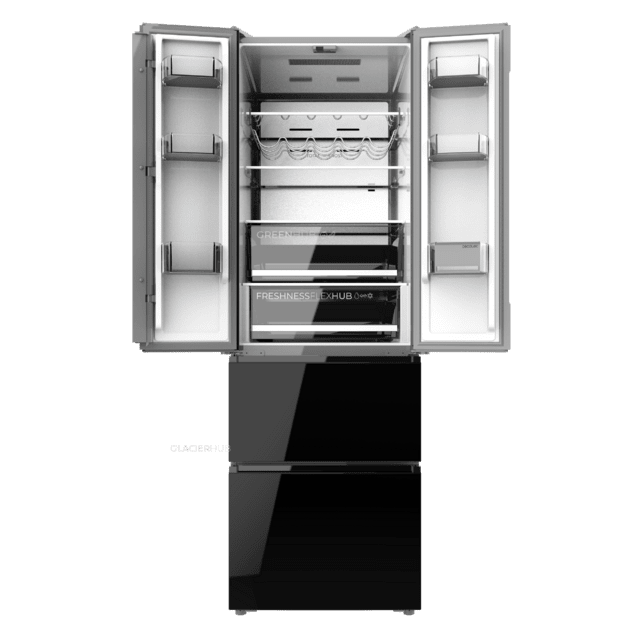 Bolero CoolMarket Combi F2D 395 Black Glass E Frigorífico Combi Cristal Negro Puerta Francesa, MAX INSIDE con VIP tech, Cool Matrix, Cajón Variable 6 temperaturas con control de humedad, Total No Frost, Compresor Inverter Plus, Multi AirFlow, 395 L, 185x59,5cm Funciones Fast Cooling y Fast Freezing, Modo Smart, Green HUB XL, Display Exterior, Botellero, Bandejas Cristal y Clase E.