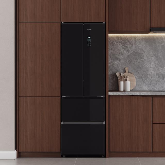 Bolero CoolMarket Combi F2D 395 Black Glass E Frigorífico Combi Cristal Negro Puerta Francesa, MAX INSIDE con VIP tech, Cool Matrix, Cajón Variable 6 temperaturas con control de humedad, Total No Frost, Compresor Inverter Plus, Multi AirFlow, 395 L, 185x59,5cm Funciones Fast Cooling y Fast Freezing, Modo Smart, Green HUB XL, Display Exterior, Botellero, Bandejas Cristal y Clase E.