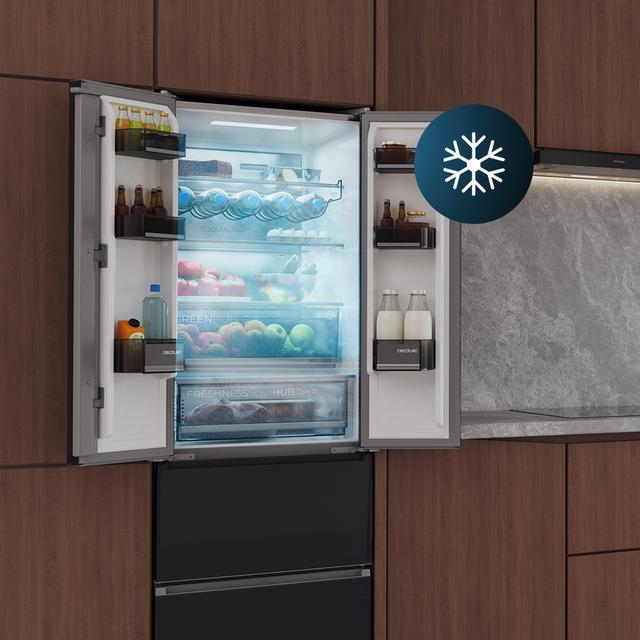 Bolero CoolMarket Combi F2D 395 Black Glass E Frigorífico Combi Cristal Negro Puerta Francesa, MAX INSIDE con VIP tech, Cool Matrix, Cajón Variable 6 temperaturas con control de humedad, Total No Frost, Compresor Inverter Plus, Multi AirFlow, 395 L, 185x59,5cm Funciones Fast Cooling y Fast Freezing, Modo Smart, Green HUB XL, Display Exterior, Botellero, Bandejas Cristal y Clase E.