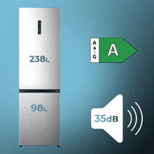 Bolero CoolMarket Combi 336 Inox A Frigorífico Combi Inox Clase A, Apertura 90º, Total No Frost, Fresh Flex, Humidity Flex, Gran Capacidad 336L, Compresor Inverter Plus, Multi AirFlow, Modo ECO, Fast Freezing, Puerta Reversible, Display Exterior, Botellero, Ultra Silencioso 35dB, Medidas 59,5×57,9×201,72 cm