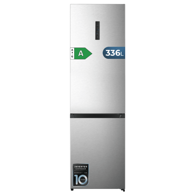 Bolero CoolMarket Combi 336 Inox A Frigorífico Combi Inox Clase A, Apertura 90º, Total No Frost, Fresh Flex, Humidity Flex, Gran Capacidad 336L, Compresor Inverter Plus, Multi AirFlow, Modo ECO, Fast Freezing, Puerta Reversible, Display Exterior, Botellero, Ultra Silencioso 35dB, Medidas 59,5×57,9×201,72 cm