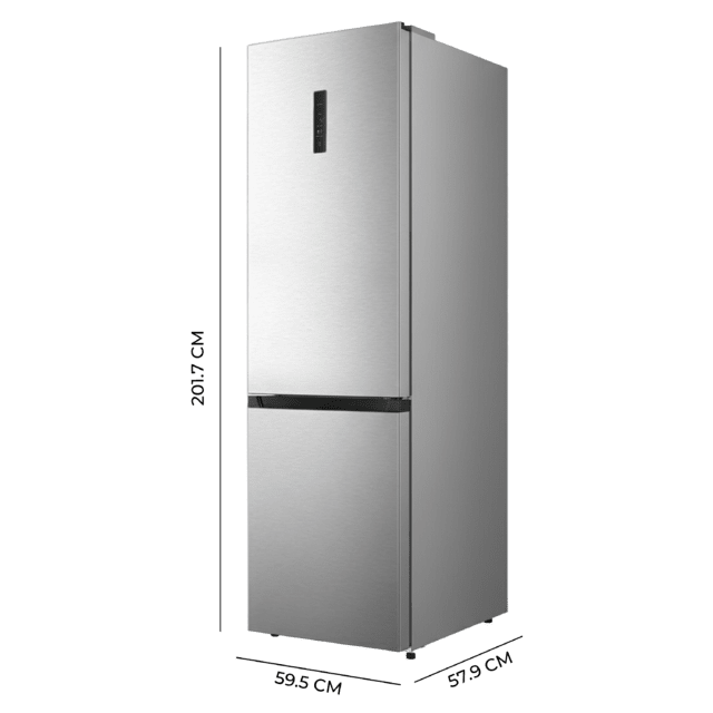 Bolero CoolMarket Combi 336 Inox A Frigorífico Combi Inox Clase A, Apertura 90º, Total No Frost, Fresh Flex, Humidity Flex, Gran Capacidad 336L, Compresor Inverter Plus, Multi AirFlow, Modo ECO, Fast Freezing, Puerta Reversible, Display Exterior, Botellero, Ultra Silencioso 35dB, Medidas 59,5×57,9×201,72 cm