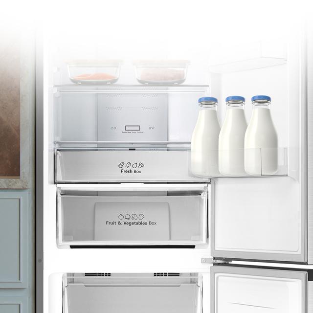 Bolero CoolMarket Combi 336 Inox A Frigorífico Combi Inox Clase A, Apertura 90º, Total No Frost, Fresh Flex, Humidity Flex, Gran Capacidad 336L, Compresor Inverter Plus, Multi AirFlow, Modo ECO, Fast Freezing, Puerta Reversible, Display Exterior, Botellero, Ultra Silencioso 35dB, Medidas 59,5×57,9×201,72 cm