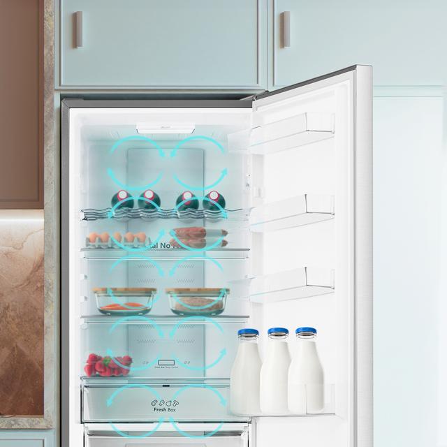 Bolero CoolMarket Combi 336 Inox A Frigorífico Combi Inox Clase A, Apertura 90º, Total No Frost, Fresh Flex, Humidity Flex, Gran Capacidad 336L, Compresor Inverter Plus, Multi AirFlow, Modo ECO, Fast Freezing, Puerta Reversible, Display Exterior, Botellero, Ultra Silencioso 35dB, Medidas 59,5×57,9×201,72 cm