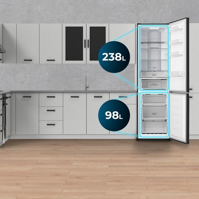 Bolero CoolMarket Combi 336 Dark A Frigorífico Combi Inox Oscuro Clase A, Apertura 90º, Total No Frost, Fresh Flex, Humidity Flex, Gran Capacidad 336L, Compresor Inverter Plus, Multi AirFlow, Modo ECO, Fast Freezing, Puerta Reversible, Display Exterior, Botellero, Ultra Silencioso 35dB, Medidas 59,5×57,9×201,72 cm