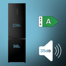 Bolero CoolMarket Combi 336 Dark A Frigorífico Combi Inox Oscuro Clase A, Apertura 90º, Total No Frost, Fresh Flex, Humidity Flex, Gran Capacidad 336L, Compresor Inverter Plus, Multi AirFlow, Modo ECO, Fast Freezing, Puerta Reversible, Display Exterior, Botellero, Ultra Silencioso 35dB, Medidas 59,5×57,9×201,72 cm