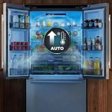 Bolero CoolMarket FD 579 Inox E Frigorífico americano de porta francesa em acabamento de aço inoxidável com Super Capacidade 576L, Arrefecimento MetalFlex, HUB Verde XL, HUB Verde Duplo, Pegas de Metal, AuraLED, Ecrã Interior Eletrónico, Total NoFrost, Compressor Inverter Plus, Arrefecimento Rápido & e Modo Inteligente