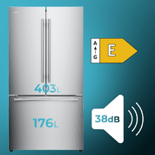 Bolero CoolMarket FD 579 Inox E Frigorífico americano de porta francesa em acabamento de aço inoxidável com Super Capacidade 576L, Arrefecimento MetalFlex, HUB Verde XL, HUB Verde Duplo, Pegas de Metal, AuraLED, Ecrã Interior Eletrónico, Total NoFrost, Compressor Inverter Plus, Arrefecimento Rápido & e Modo Inteligente