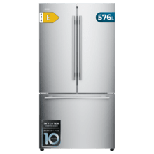 Bolero CoolMarket FD 579 Inox E Frigorífico americano de porta francesa em acabamento de aço inoxidável com Super Capacidade 576L, Arrefecimento MetalFlex, HUB Verde XL, HUB Verde Duplo, Pegas de Metal, AuraLED, Ecrã Interior Eletrónico, Total NoFrost, Compressor Inverter Plus, Arrefecimento Rápido & e Modo Inteligente