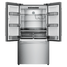 Bolero CoolMarket FD 579 Inox E Frigorífico americano de porta francesa em acabamento de aço inoxidável com Super Capacidade 576L, Arrefecimento MetalFlex, HUB Verde XL, HUB Verde Duplo, Pegas de Metal, AuraLED, Ecrã Interior Eletrónico, Total NoFrost, Compressor Inverter Plus, Arrefecimento Rápido & e Modo Inteligente