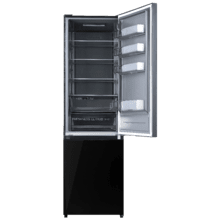 Bolero CoolMarket Combi 405 MC Elite Black Glass D Refrigerador combinado com vidro preto, interior Elite Gray e MAX INSIDE, sistema de refrigeração MetalFlex, compartimento Fresh Flex, acabamento Elite Gray, sistema anti-odor ADF+, display colorido, NoFrost total, porta reversível, compressor Inverter Plus, ultra silencioso (37dB), modo ECO, congelamento ultrarrápido, resfriamento rápido, classe energética D.