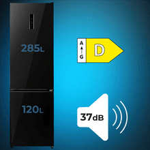 Bolero CoolMarket Combi 405 MC Elite Black Glass D Refrigerador combinado com vidro preto, interior Elite Gray e MAX INSIDE, sistema de refrigeração MetalFlex, compartimento Fresh Flex, acabamento Elite Gray, sistema anti-odor ADF+, display colorido, NoFrost total, porta reversível, compressor Inverter Plus, ultra silencioso (37dB), modo ECO, congelamento ultrarrápido, resfriamento rápido, classe energética D.