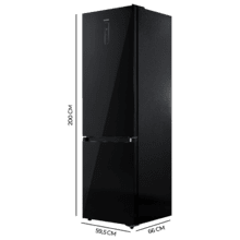 Bolero CoolMarket Combi 405 MC Elite Black Glass D Refrigerador combinado com vidro preto, interior Elite Gray e MAX INSIDE, sistema de refrigeração MetalFlex, compartimento Fresh Flex, acabamento Elite Gray, sistema anti-odor ADF+, display colorido, NoFrost total, porta reversível, compressor Inverter Plus, ultra silencioso (37dB), modo ECO, congelamento ultrarrápido, resfriamento rápido, classe energética D.