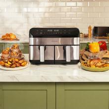 Cecofry Advance 9000 Full Inox Freidora de aire digital de 9 L de capacidad y 2800 W de potencia y pared divisoria móvil para optar entre dos cestillos con temperatura dual o convertirse en una sola cubeta.