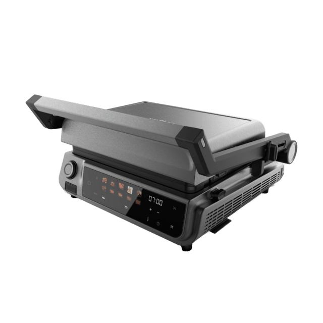 Rock'nGrill 2000 Smash PerfectCook Griglia elettrica da 2000 W con tecnologia Smokeless, che regola il tempo e la temperatura in funzione della modalità e il punto di cottura selezionati, piastre estraibili con rivestimento RockStone lavabili in lavastoviglie e apertura 180º.