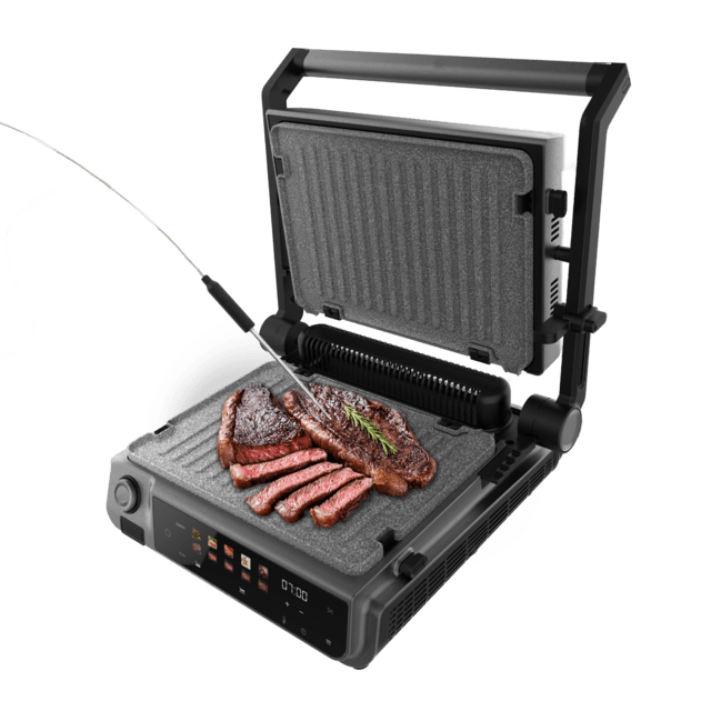 Rock'nGrill 2000 Smash PerfectCook Parrilla eléctrica de 2000W con sonda de temperatura, tecnología smokeless, función smash y placas extraíbles y reversibles con revestimiento RockStone aptas para lavavajillas y apertura de 180º.