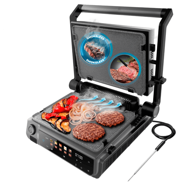 Rock'nGrill 2000 Smash PerfectCook Griglia elettrica da 2000 W con tecnologia Smokeless, che regola il tempo e la temperatura in funzione della modalità e il punto di cottura selezionati, piastre estraibili con rivestimento RockStone lavabili in lavastoviglie e apertura 180º.