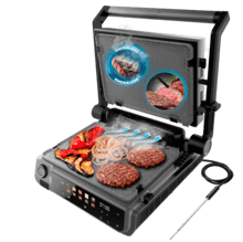 Rock'nGrill 2000 Smash PerfectCook Griglia elettrica da 2000 W con tecnologia Smokeless, che regola il tempo e la temperatura in funzione della modalità e il punto di cottura selezionati, piastre estraibili con rivestimento RockStone lavabili in lavastoviglie e apertura 180º.