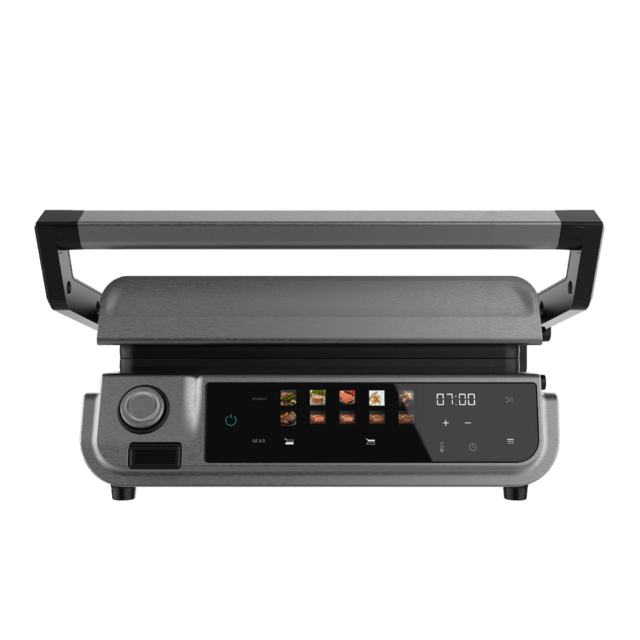 Rock'nGrill 2000 Smash PerfectCook Griglia elettrica da 2000 W con tecnologia Smokeless, che regola il tempo e la temperatura in funzione della modalità e il punto di cottura selezionati, piastre estraibili con rivestimento RockStone lavabili in lavastoviglie e apertura 180º.