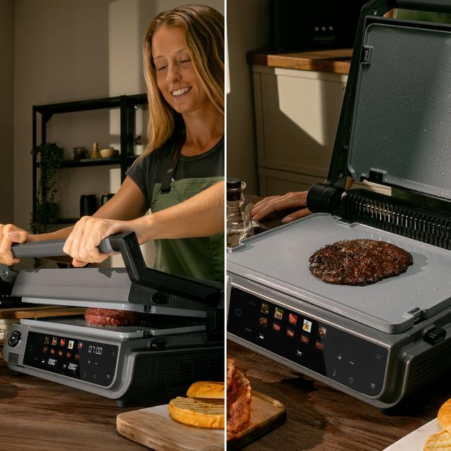 Rock'nGrill 2000 Smash PerfectCook Griglia elettrica da 2000 W con tecnologia Smokeless, che regola il tempo e la temperatura in funzione della modalità e il punto di cottura selezionati, piastre estraibili con rivestimento RockStone lavabili in lavastoviglie e apertura 180º.