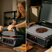 Rock'nGrill 2000 Smash PerfectCook Griglia elettrica da 2000 W con tecnologia Smokeless, che regola il tempo e la temperatura in funzione della modalità e il punto di cottura selezionati, piastre estraibili con rivestimento RockStone lavabili in lavastoviglie e apertura 180º.