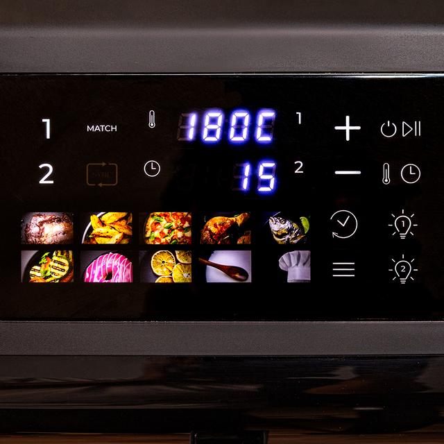 Cecofry DuoLevel 12000 Window Friteuse à air de 12 litres avec fenêtres, paniers superposés de 6 litres chacun, puissance de 2900 W, contrôle tactile et 10 programmes préréglés pour une cuisson rapide et saine.