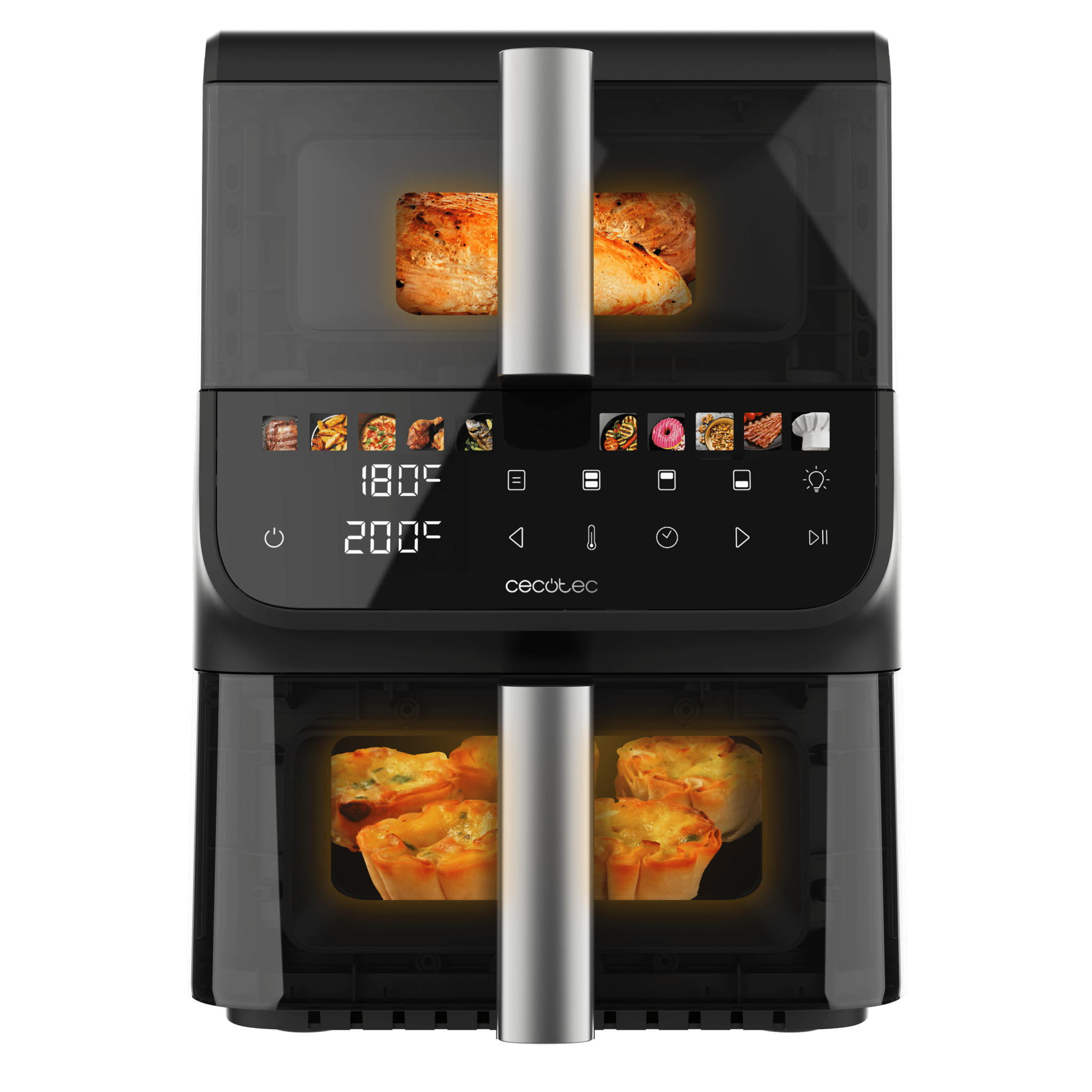 Cecofry DuoLevel 10000 DuoSize Window 10-Liter-Heißluftfritteuse mit Sichtfenstern, zwei separaten, übereinander angeordneten Garkörben (3,5 L und 6,5 L), 2000 W Leistung, Touch-Steuerung und 10 voreingestellten Programmen für schnelles und gesundes Garen.