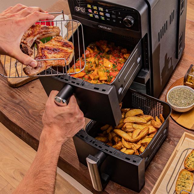 Cecofry DuoLevel 10000 Freidora de aire de 10L con cubetas superpuestas de 5L, 2400 W de potencia, control táctil, y 6 programas preconfigurados para una cocción rápida y saludable.