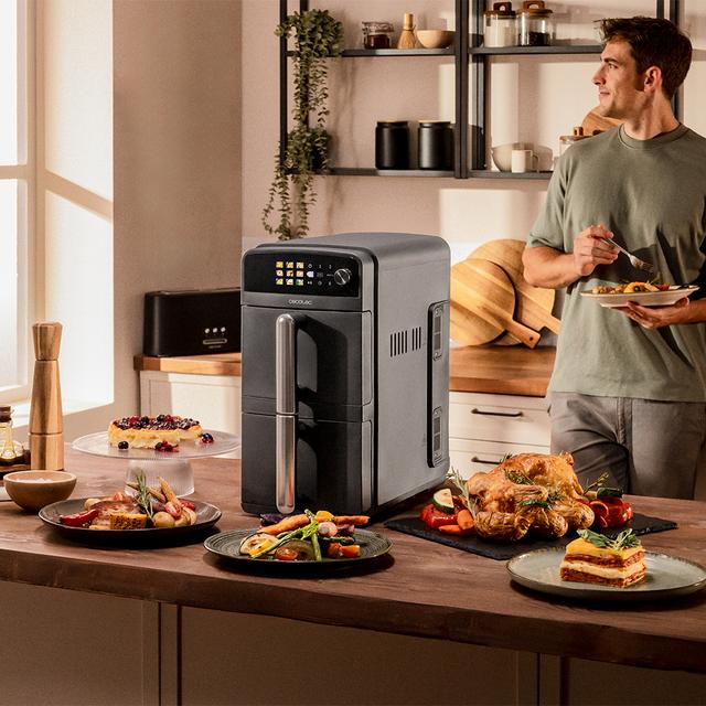 Cecofry DuoLevel 10000 Freidora de aire de 10L con cubetas superpuestas de 5L, 2400 W de potencia, control táctil, y 6 programas preconfigurados para una cocción rápida y saludable.