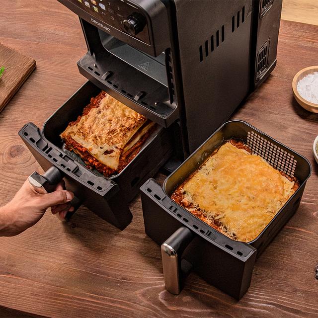 Cecofry DuoLevel 10000 Freidora de aire de 10L con cubetas superpuestas de 5L, 2400 W de potencia, control táctil, y 6 programas preconfigurados para una cocción rápida y saludable.