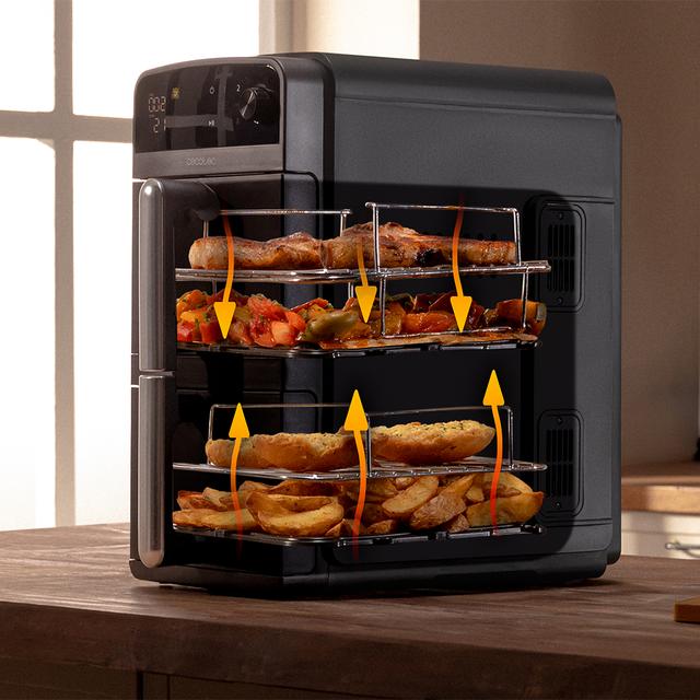 Cecofry DuoLevel 10000 Freidora de aire de 10L con cubetas superpuestas de 5L, 2400 W de potencia, control táctil, y 6 programas preconfigurados para una cocción rápida y saludable.