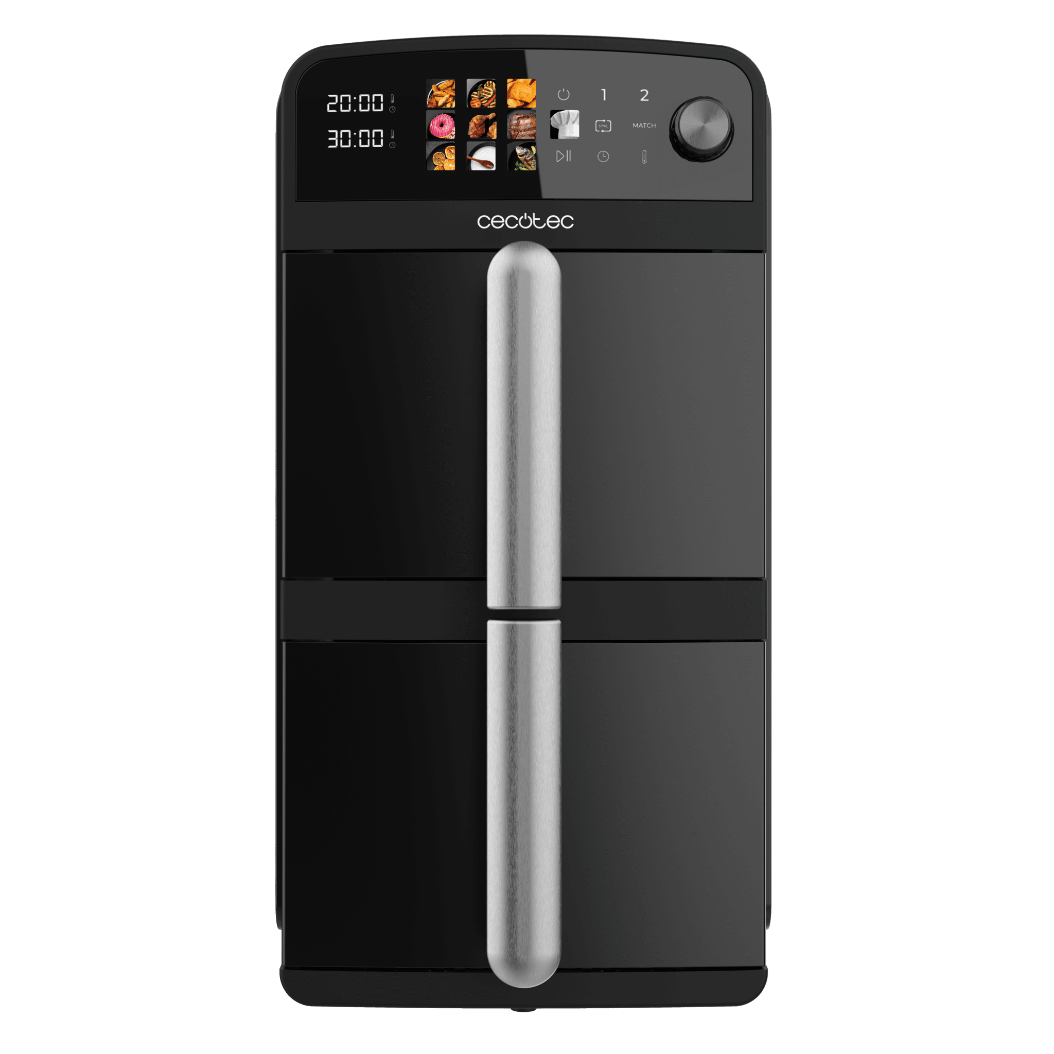 Cecofry DuoLevel 10000 Freidora de aire de 10L con cubetas superpuestas de 5L, 2400 W de potencia, control táctil, y 6 programas preconfigurados para una cocción rápida y saludable.