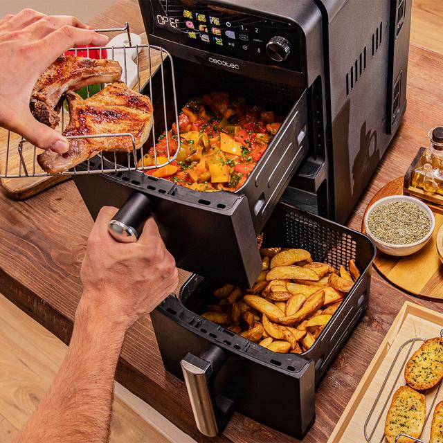 Cecofry DuoLevel 10000 Freidora de aire de 10L con cubetas superpuestas de 5L, 2400 W de potencia, control táctil, y 6 programas preconfigurados para una cocción rápida y saludable.