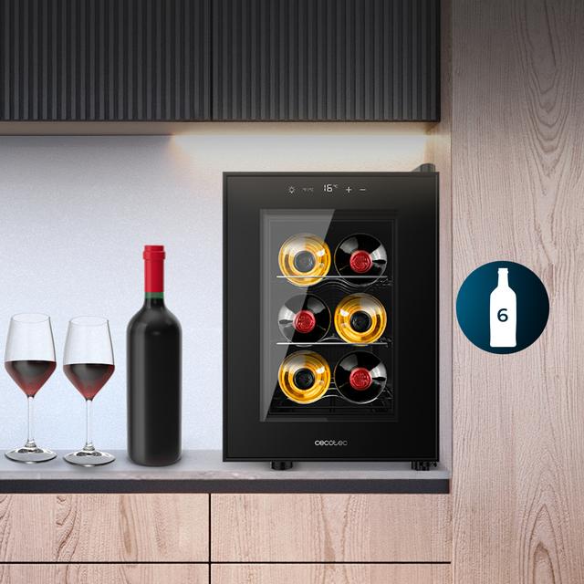 Bolero GrandSommelier 600 CoolCrystal Vinoteca Termoeléctrica, Capacidad 6 Botellas, Silenciosa 35dB, Temperatura 8 a 18ºC, Humedad 50%-80%, Estantes Metálicos, Control Táctil, Clasae E, Luz LED, Negra