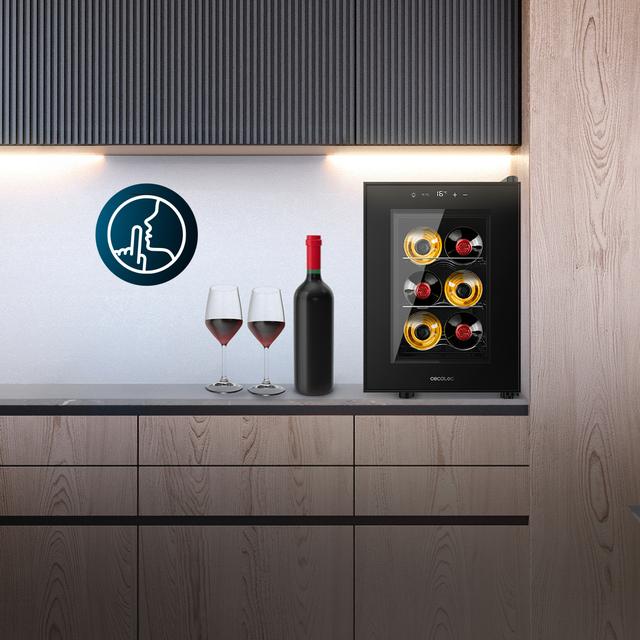 Bolero GrandSommelier 600 CoolCrystal Vinoteca Termoeléctrica, Capacidad 6 Botellas, Silenciosa 35dB, Temperatura 8 a 18ºC, Humedad 50%-80%, Estantes Metálicos, Control Táctil, Clasae E, Luz LED, Negra