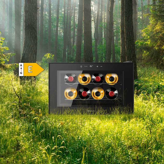 Bolero GrandSommelier 800H CoolCrystal Vinoteca Termoeléctrica Horizontal, Capacidad 8 Botellas, Silenciosa 35dB, Temperatura 8 a 18ºC, Humedad 50%-80%, Estantes Metálicos, Control Táctil, Clase E, Luz LED, Negra