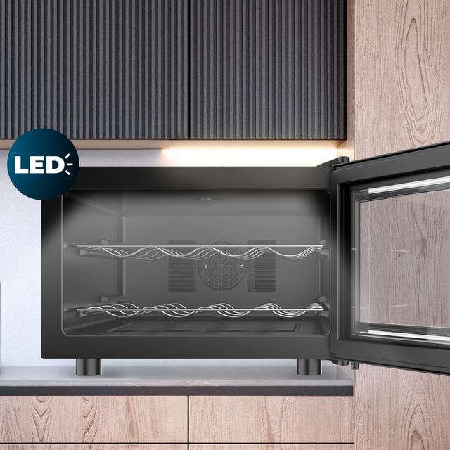 Bolero GrandSommelier 800H CoolCrystal Vinoteca Termoeléctrica Horizontal, Capacidad 8 Botellas, Silenciosa 35dB, Temperatura 8 a 18ºC, Humedad 50%-80%, Estantes Metálicos, Control Táctil, Clase E, Luz LED, Negra