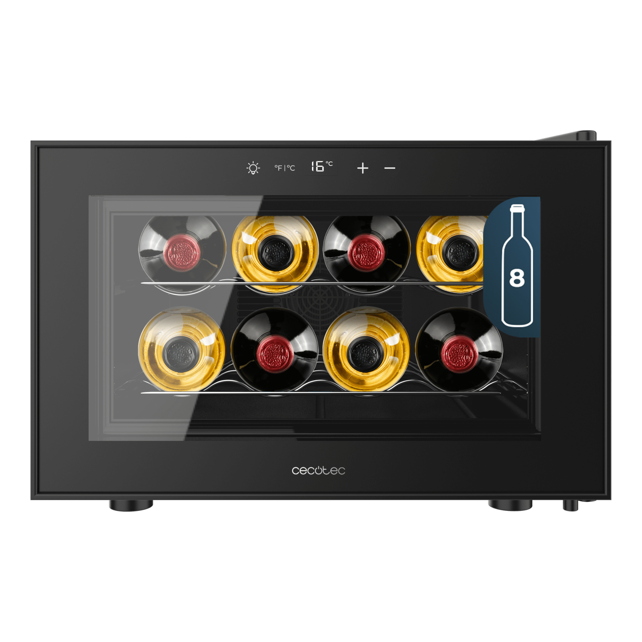 Bolero GrandSommelier 800H CoolCrystal Thermoelektrischer horizontaler Weinkühlschrank, Fassungsvermögen 8 Flaschen, leise 35dB, Temperatur 8 bis 18ºC, Luftfeuchtigkeit 50%-80%, Metallregale, Touch Control, Klasse E, LED Licht, Schwarz