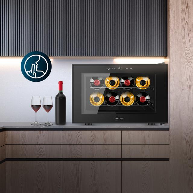 Bolero GrandSommelier 800H CoolCrystal Vinoteca Termoeléctrica Horizontal, Capacidad 8 Botellas, Silenciosa 35dB, Temperatura 8 a 18ºC, Humedad 50%-80%, Estantes Metálicos, Control Táctil, Clase E, Luz LED, Negra