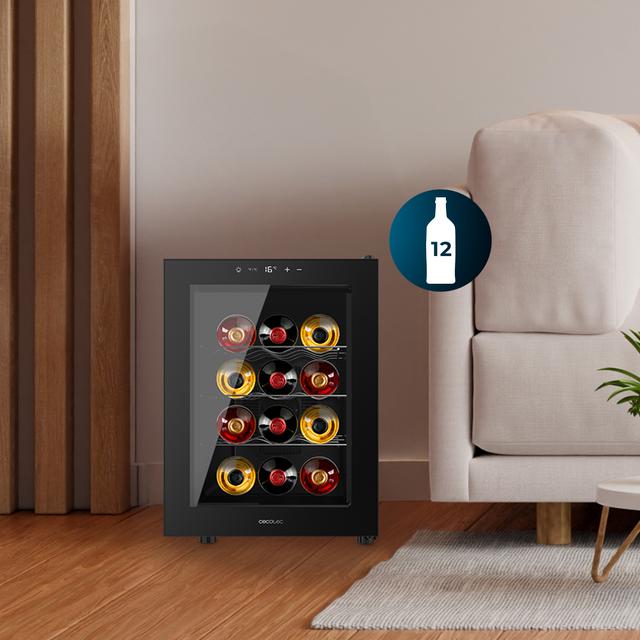 Bolero GrandSommelier 1255 CoolCrystal Vinoteca Termoeléctrica, Capacidad 12 Botellas, Silenciosa 35dB, Temperatura 8 a 18ºC, Humedad 50%-80%, Estantes Metálicos, Control Táctil, Clase E, Luz LED, Negra