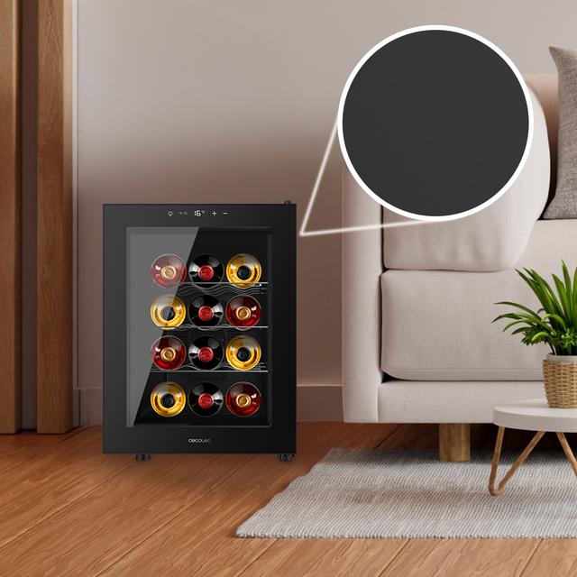 Bolero GrandSommelier 1255 CoolCrystal Vinoteca Termoeléctrica, Capacidad 12 Botellas, Silenciosa 35dB, Temperatura 8 a 18ºC, Humedad 50%-80%, Estantes Metálicos, Control Táctil, Clase E, Luz LED, Negra
